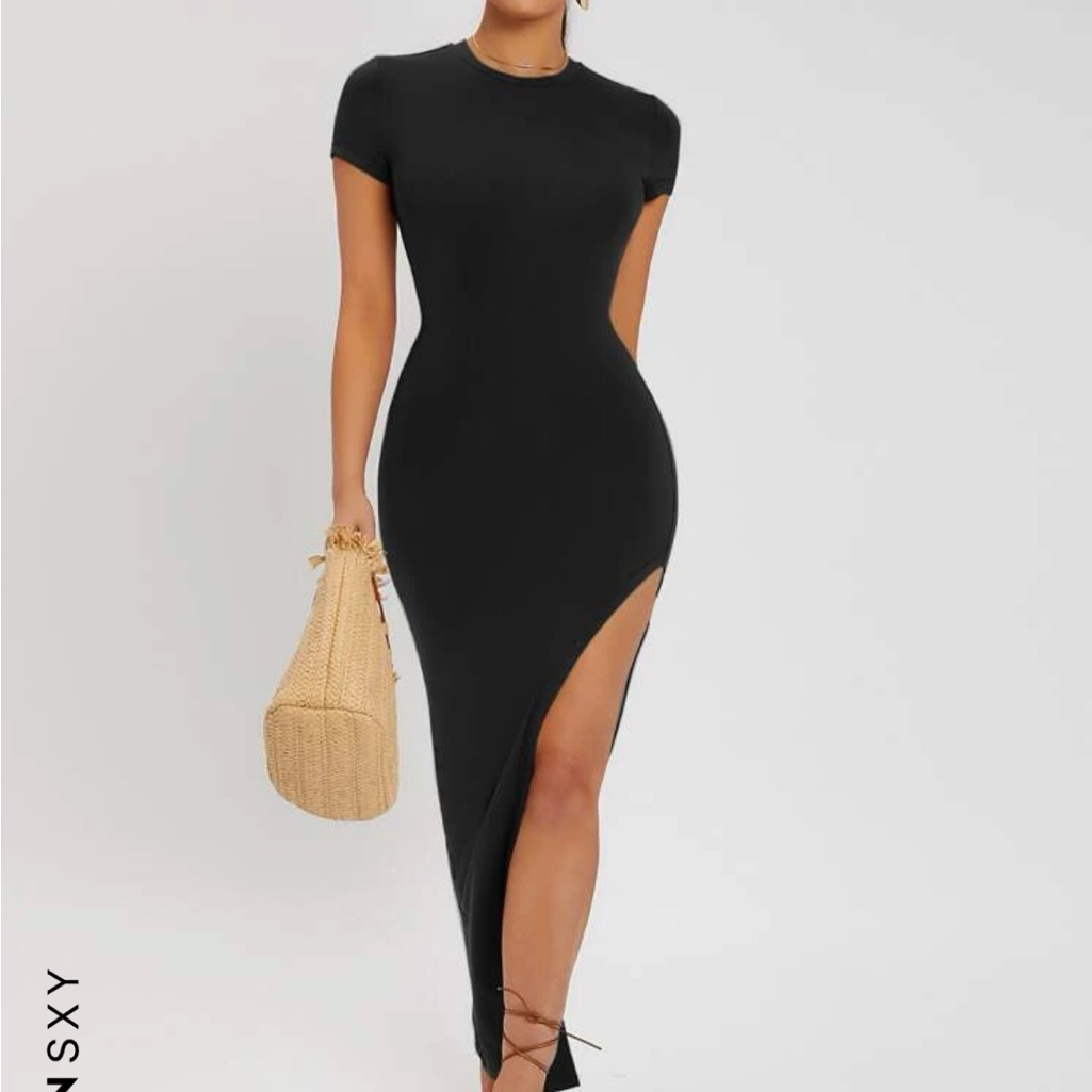 Solid Split Thigh Bodycon Dress